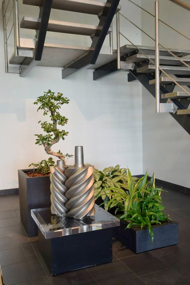 Växtinredning med olika varianter av växter vid en entré på ett kontor